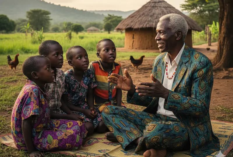 An African elder speaking to young children.