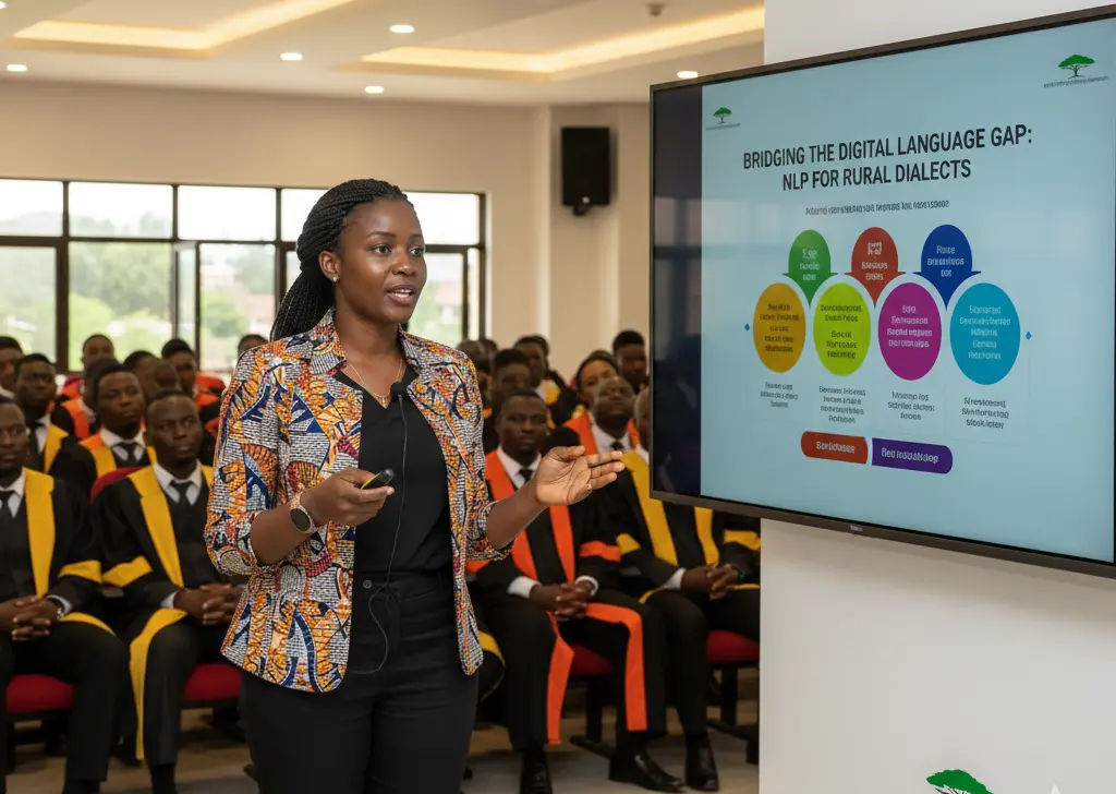 A female African linguistics professor making a presentation.