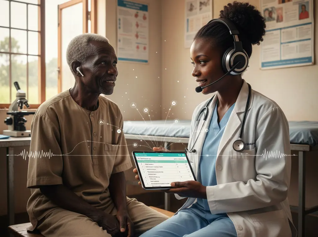 A young doctor using headphones with voice tech to communicate to an elderly patient.